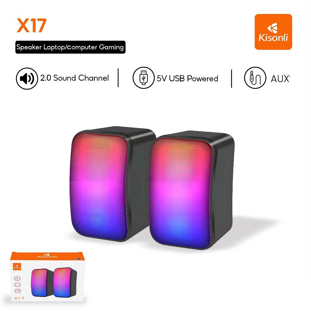 Kisonli X17 Gaming 2.0 RGB Speaker with Volume Control for PC & Laptop
