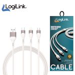 LogiLink 3-in-1 USB to Micro/Type-C/iPhone Nylon Data Cable – 6A Fast Charging, 1M White