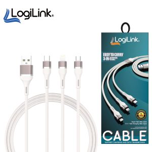 LogiLink 3-in-1 USB to Micro/Type-C/iPhone Nylon Data Cable – 6A Fast Charging, 1M White