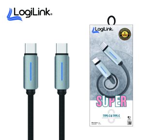 LogiLink Type-C to Type-C Nylon Fast Charging Data Cable with Light – 1M (Black, White, Blue, Grey)