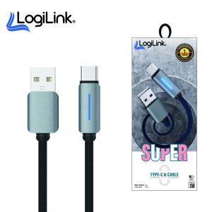 LogiLink USB to Type-C Nylon Fast Charging Data Cable with Light – 1M (Black, Blue, Grey)