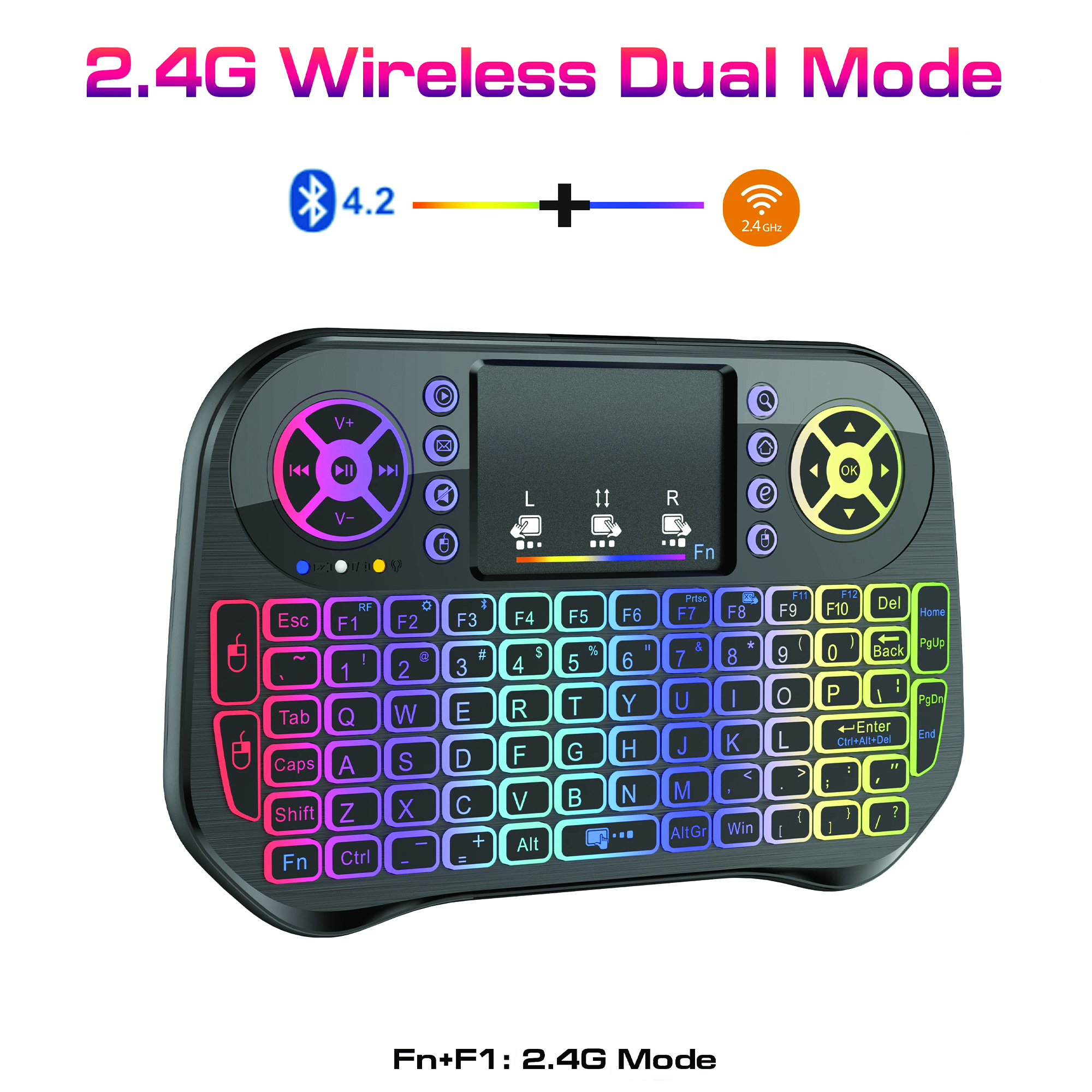 I10 Mini Wireless+bluetooth Touchpad 7 Color Backlit Light 2.4ghz