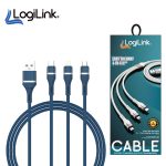 LogiLink 3-in-1 USB to Micro/Type-C/iPhone Nylon Data Cable – 6A Fast Charging, 1M Blue